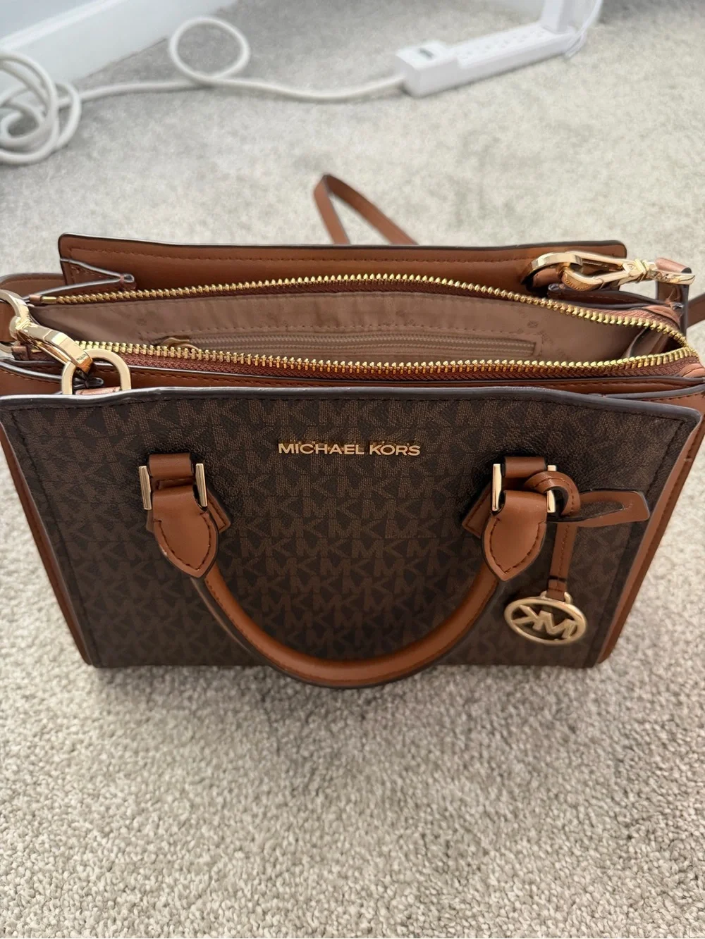 Michael Kors Brown Monogram Logo Satchel with Gold Hardware